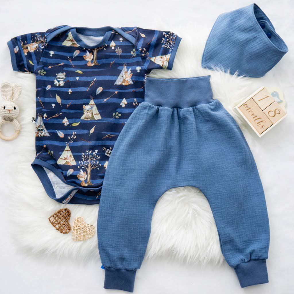 Baby Set Body, Musselin Pumphose & Halstuch – Waldtiere