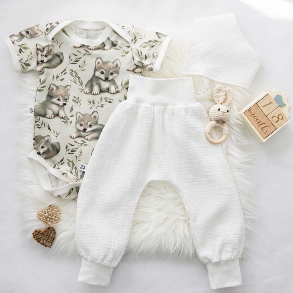 Baby Set Body, Musselin Pumphose & Halstuch – Füchse